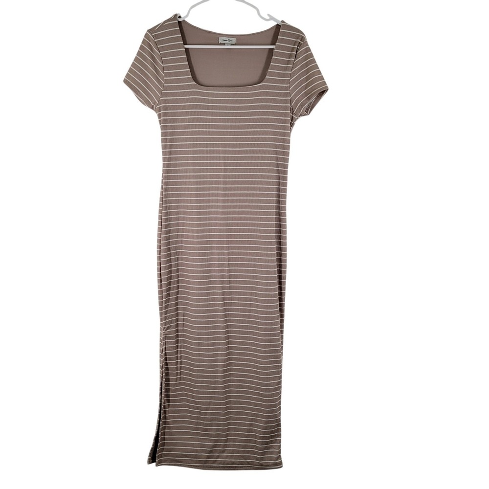 Faded Rose Midi Shirt Dress Womens Large Tan White Strip Side Slit‎ Classic